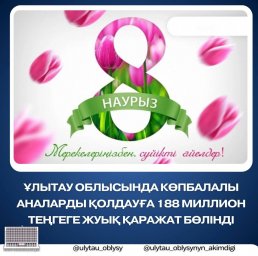 Ұлытау облысында көпбалалы аналарды қолдауға 188 миллион теңгеге жуық қаражат бөлінді
